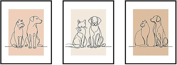Minimalist dog and cat line art canvas prints, set of 3