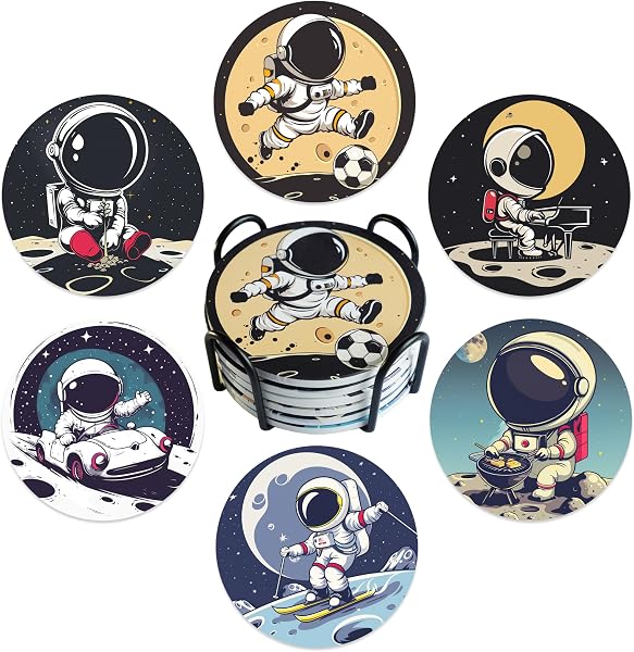 Astronaut sports coaster set of 6 with cork base and holder