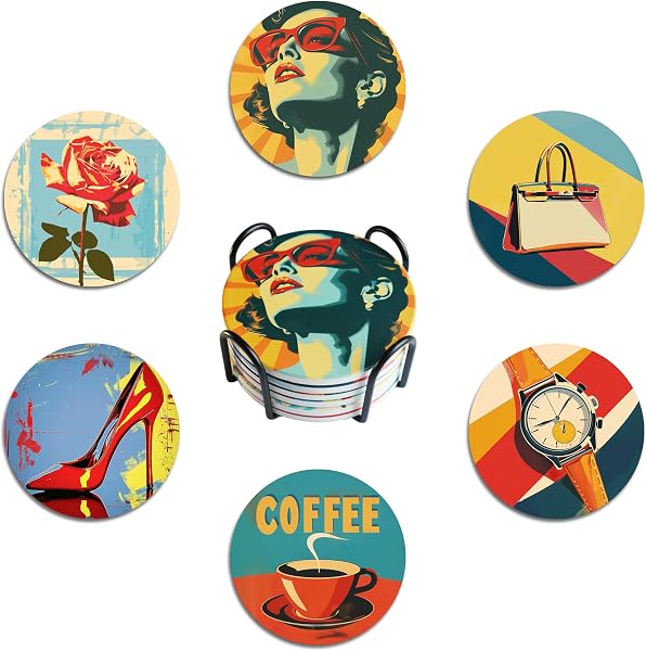 Retro pop art coaster set of 6 with holder — coffee, rose, vintage designs